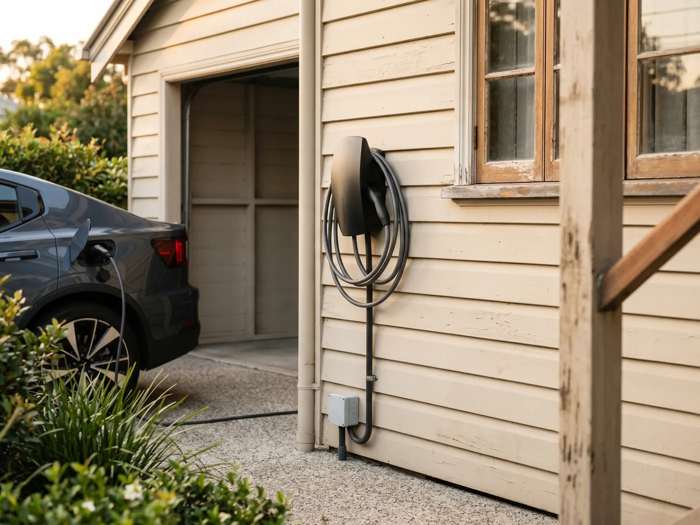 Close-up of a finished ev charger installation job on a Brisbane home
